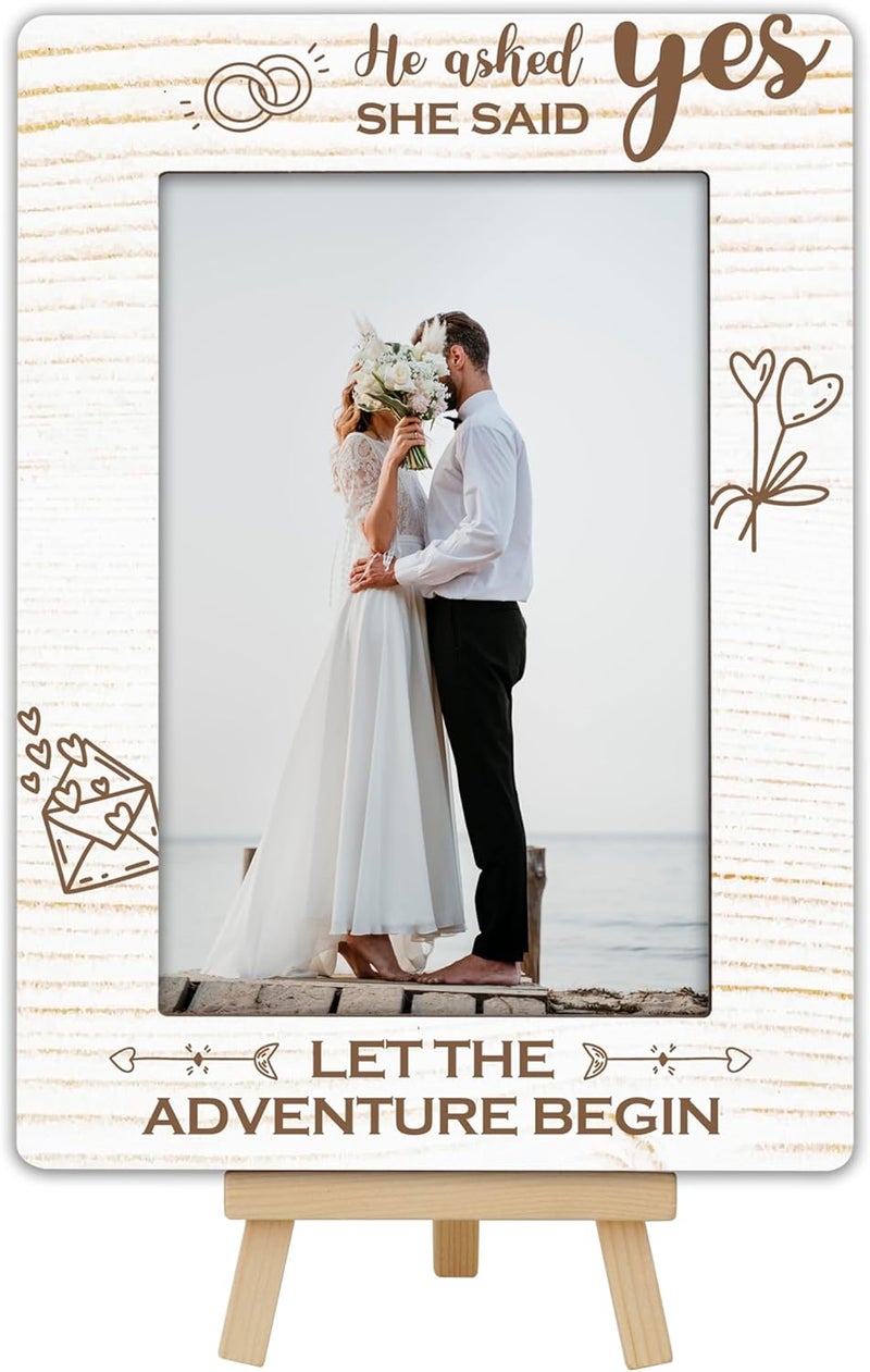 OXRUN Personalized Picture Frame, Wedding Gifts Wooden Photo Frame with Easel, 4x6 Picture Frame for Tabletop Display - He Asked, She Said Yes - A13 - Image 1